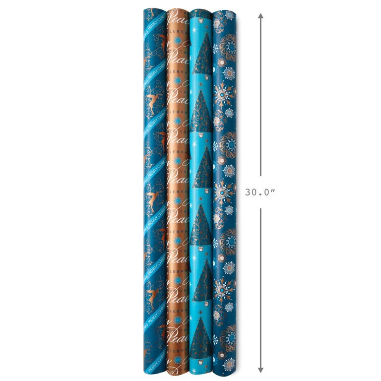 Hallmark Elegant Blues 4-Pack Blue And Gold Reversible Wrapping Paper, 150 Sq. Ft. - Image 7
