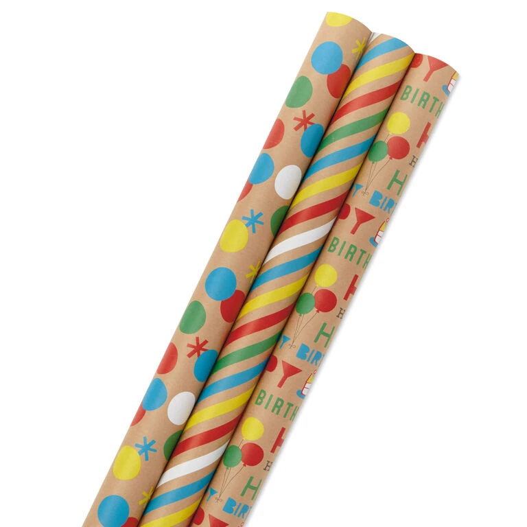 Hallmark Primary Birthday 3-Pack Kraft Wrapping Paper, 105 Sq. Ft. Total