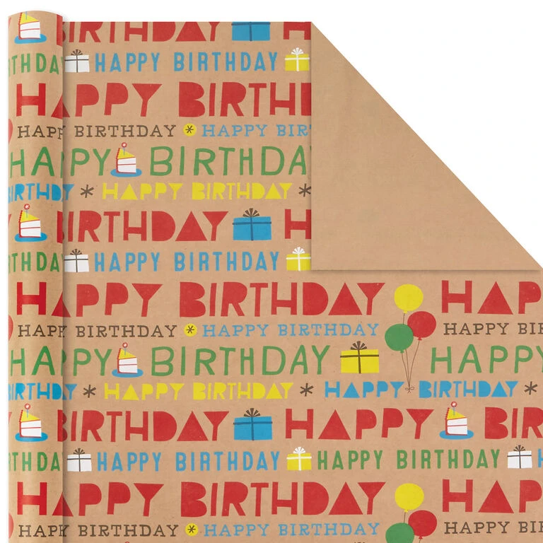 Hallmark Primary Birthday 3-Pack Kraft Wrapping Paper, 105 Sq. Ft. Total - Image 6